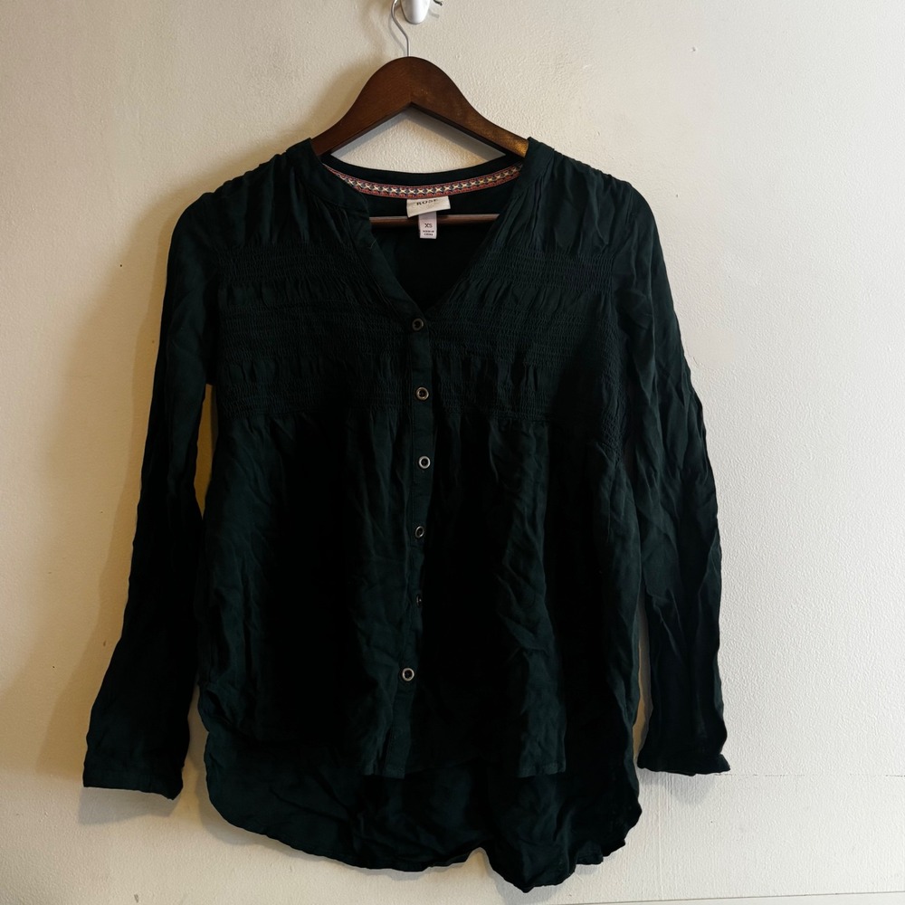 Knox Rose Womens XS Emerald Green Long Sleeve Button Down Blouse Fall Boho Indie